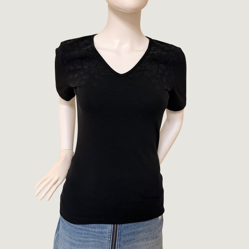 St. John Womens Sport Black Beaded Leopard Print V-Neck Top Cotton Modal Size P